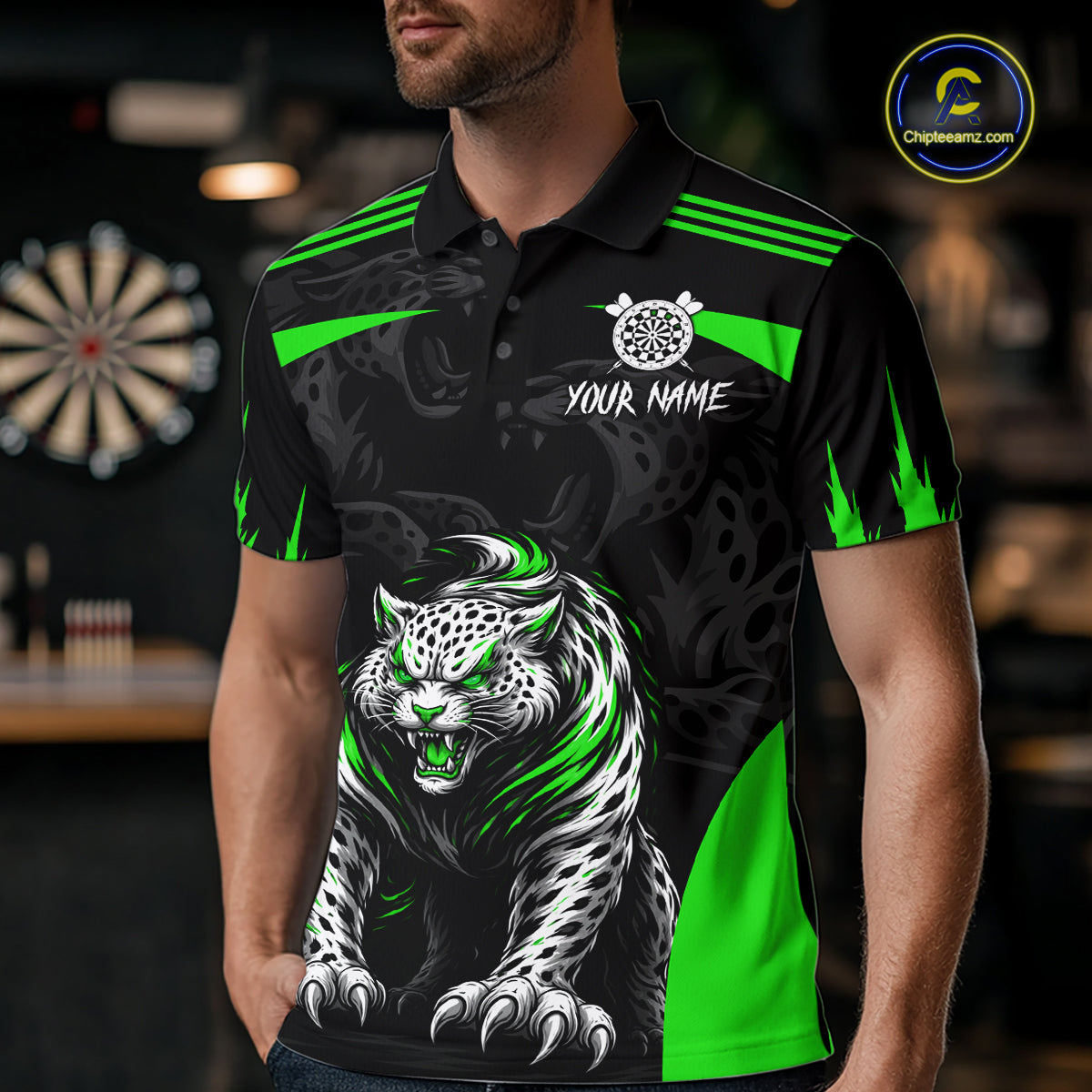 Black And Green Custom Leopard Darts Shirt For Men, Darts Team Jersey Polo & Quarter Zip TDM5627