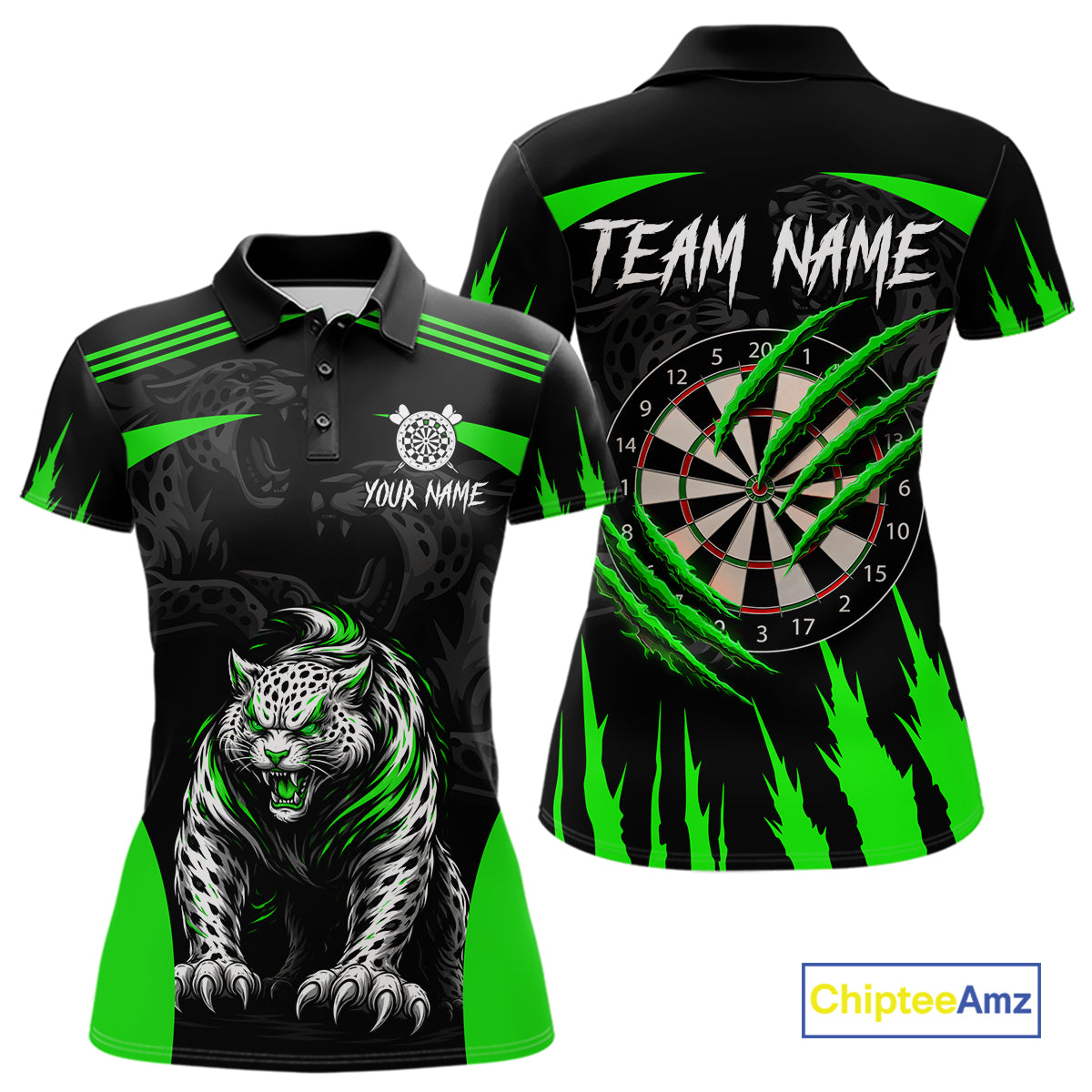 Black And Green Custom Leopard Darts Shirt For Women, Darts Team Jersey Polo & Quarter Zip TDM5627
