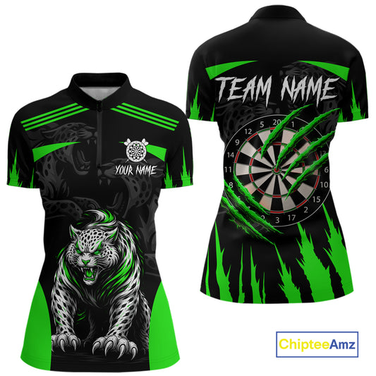 Black And Green Custom Leopard Darts Shirt For Women, Darts Team Jersey Polo & Quarter Zip TDM5627