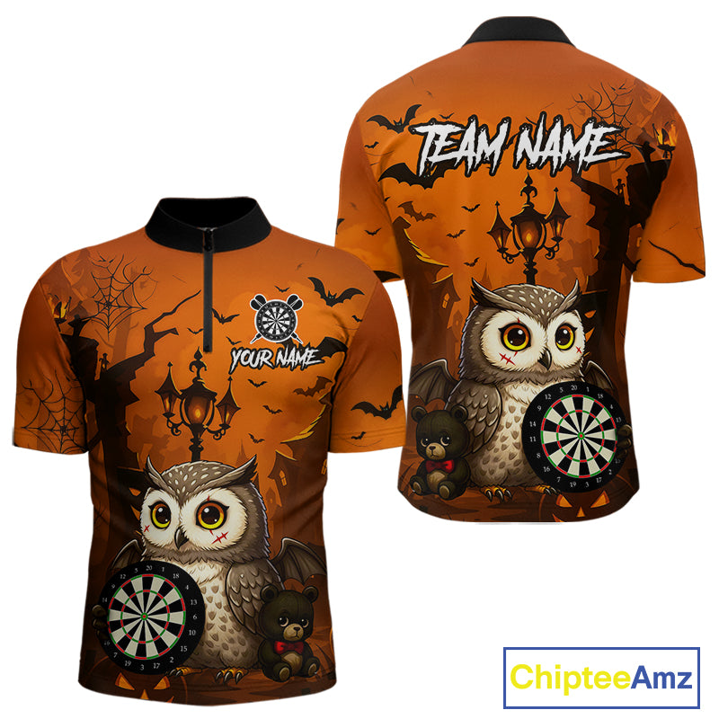 Personalized Orange Funny Owl Halloween Darts Shirt For Men Custom Pumpkin Darts Jersey TDM4929