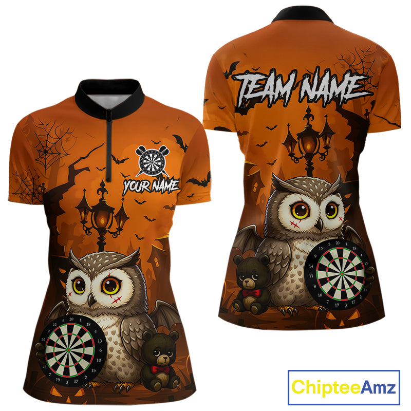 Personalized Orange Funny Owl Halloween Darts Shirt For Women Custom Pumpkin Darts Jersey TDM4929