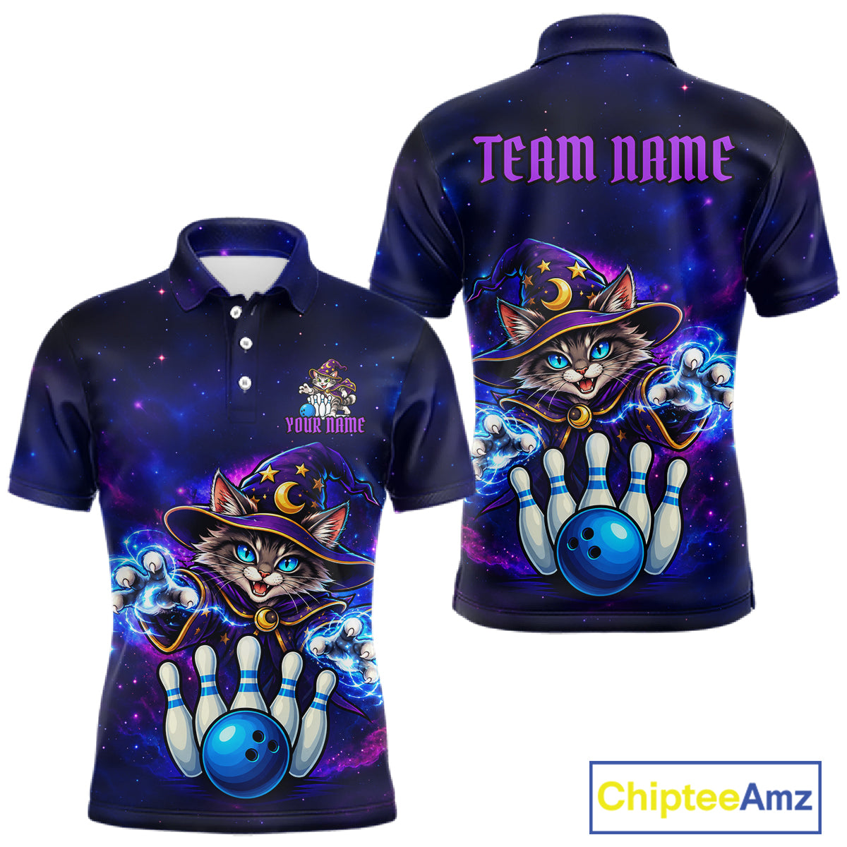 Funny Cat Wizard Galaxy Bowling Shirts For Men Custom Bowling Jersey, Bowling Team Outfit TDM8065