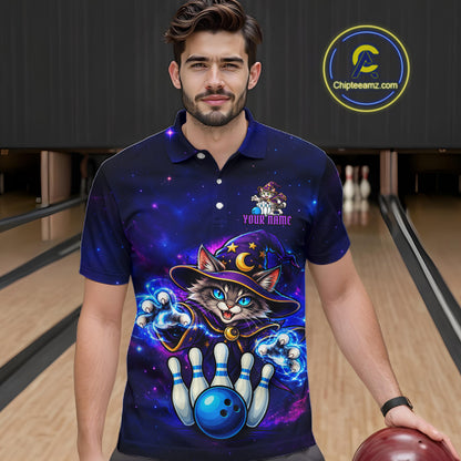 Funny Cat Wizard Galaxy Bowling Shirts For Men Custom Bowling Jersey, Bowling Team Outfit TDM8065