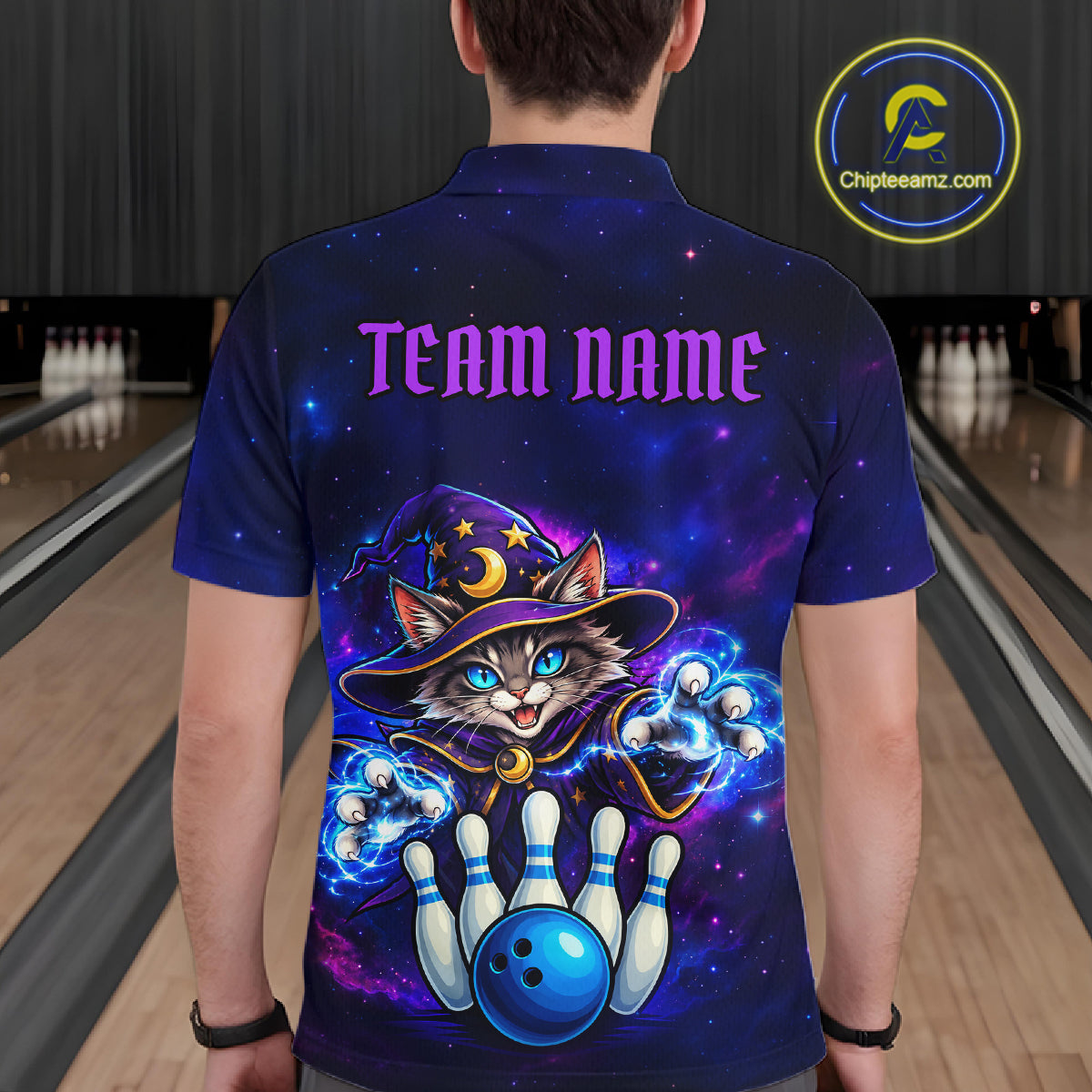 Funny Cat Wizard Galaxy Bowling Shirts For Men Custom Bowling Jersey, Bowling Team Outfit TDM8065