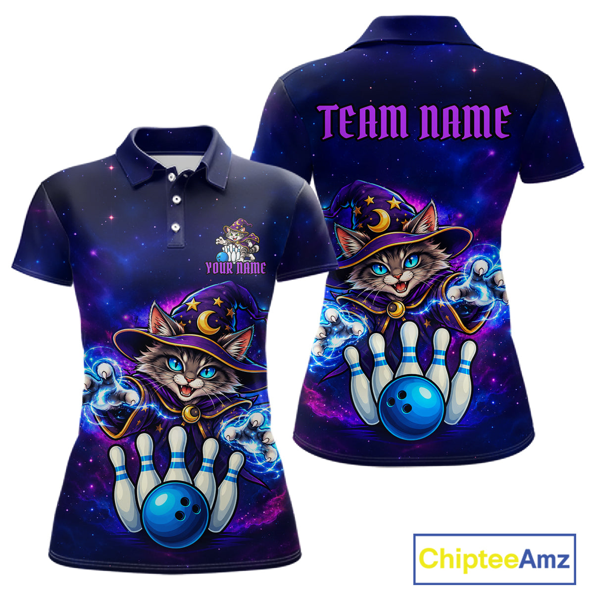 Funny Cat Wizard Galaxy Bowling Shirts For Women Custom Bowling Jersey, Bowling Team Outfit TDM8065