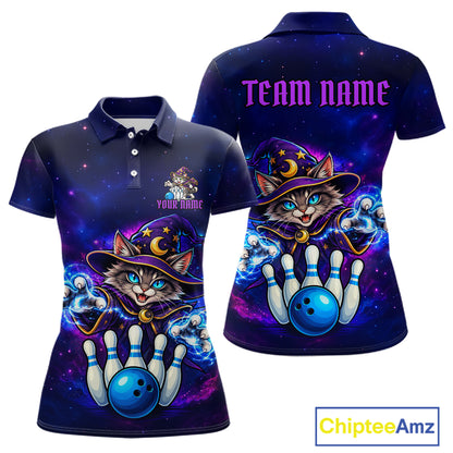 Funny Cat Wizard Galaxy Bowling Shirts For Women Custom Bowling Jersey, Bowling Team Outfit TDM8065