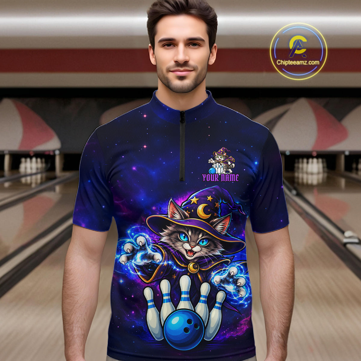 Funny Cat Wizard Galaxy Bowling Shirts For Men Custom Bowling Jersey, Bowling Team Outfit TDM8065