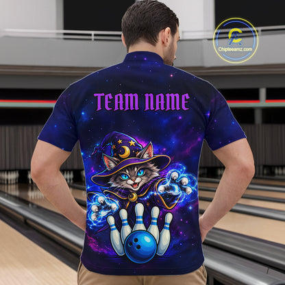 Funny Cat Wizard Galaxy Bowling Shirts For Men Custom Bowling Jersey, Bowling Team Outfit TDM8065