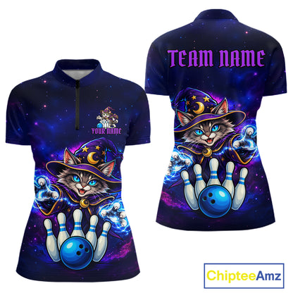 Funny Cat Wizard Galaxy Bowling Shirts For Women Custom Bowling Jersey, Bowling Team Outfit TDM8065