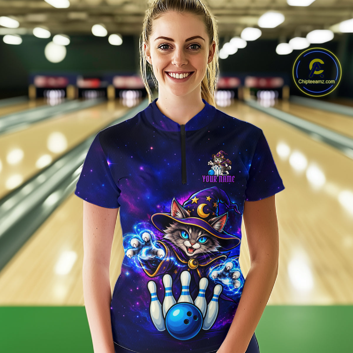 Funny Cat Wizard Galaxy Bowling Shirts For Women Custom Bowling Jersey, Bowling Team Outfit TDM8065
