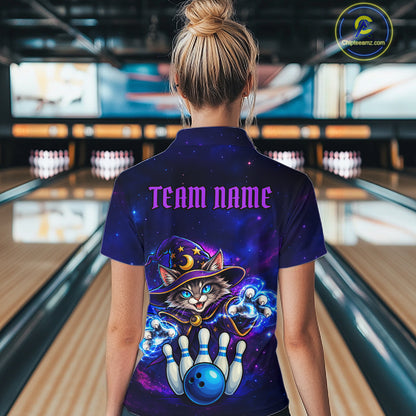 Funny Cat Wizard Galaxy Bowling Shirts For Women Custom Bowling Jersey, Bowling Team Outfit TDM8065