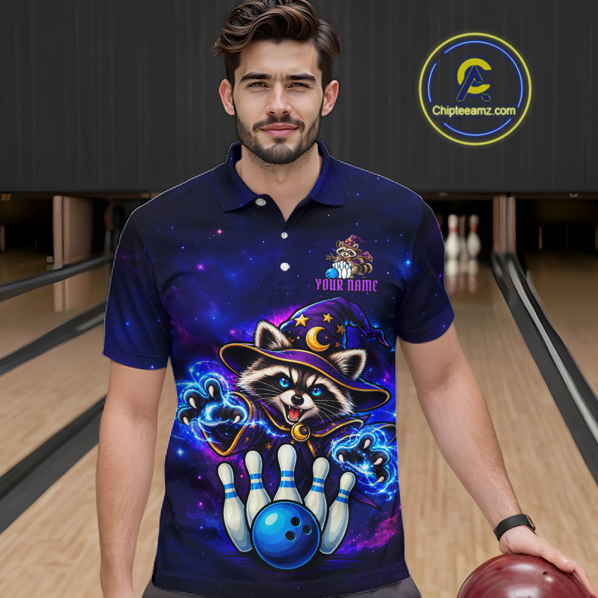 Funny Raccoon Wizard Galaxy Bowling Shirts For Men Custom Bowling Jersey, Bowling Team Outfit TDM8066