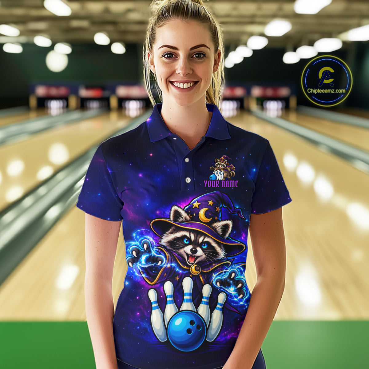 Funny Raccoon Wizard Galaxy Bowling Shirts For Women Custom Bowling Jersey, Bowling Team Outfit TDM8066