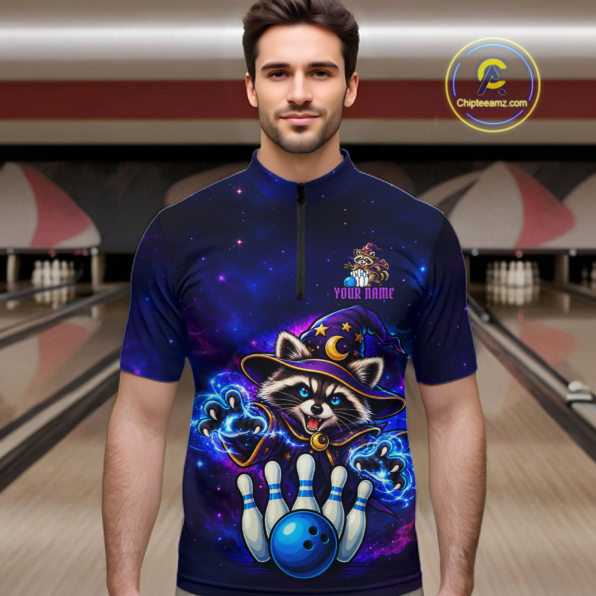 Funny Raccoon Wizard Galaxy Bowling Shirts For Men Custom Bowling Jersey, Bowling Team Outfit TDM8066