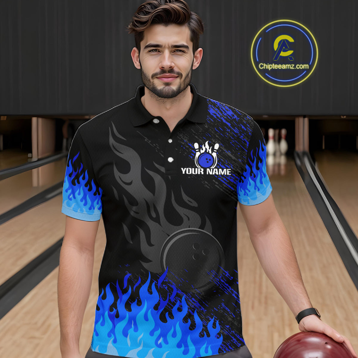 Black And Blue Flame Eagle Bowling Shirts For Men Custom Bowling League Team Jersey Polo & 1/4 Zip TDM8077
