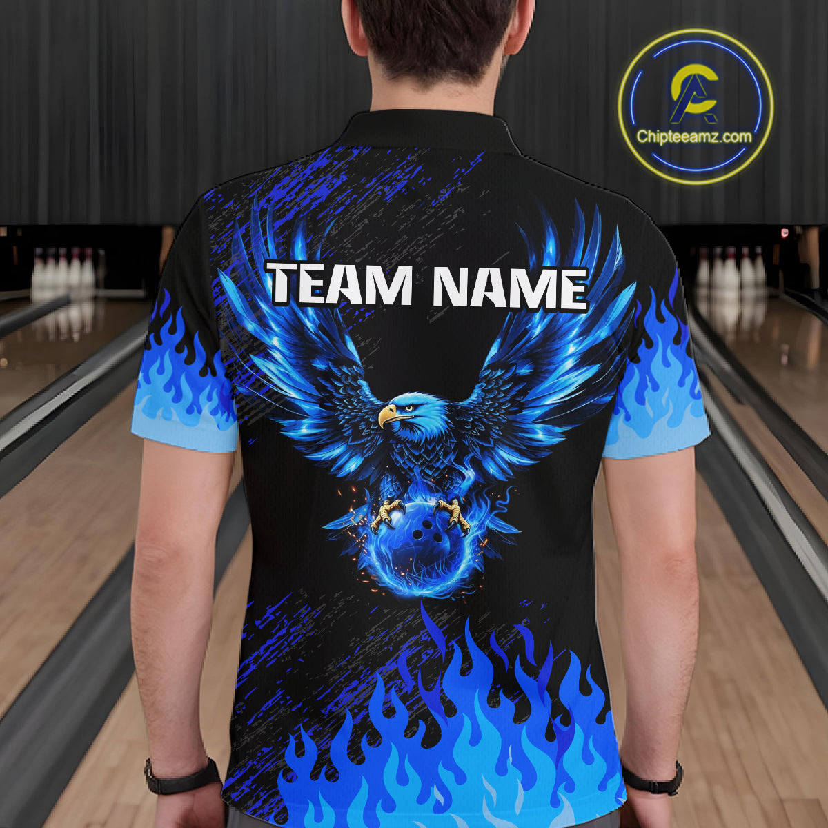 Black And Blue Flame Eagle Bowling Shirts For Men Custom Bowling League Team Jersey Polo & 1/4 Zip TDM8077