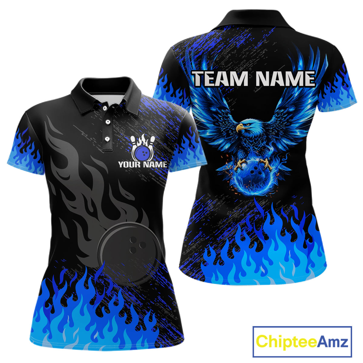 Black And Blue Flame Eagle Bowling Shirts For Women Custom Bowling League Team Jersey Polo & 1/4 Zip TDM8077