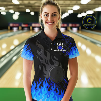 Black And Blue Flame Eagle Bowling Shirts For Women Custom Bowling League Team Jersey Polo & 1/4 Zip TDM8077