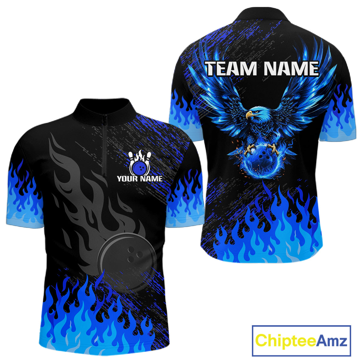 Black And Blue Flame Eagle Bowling Shirts For Men Custom Bowling League Team Jersey Polo & 1/4 Zip TDM8077