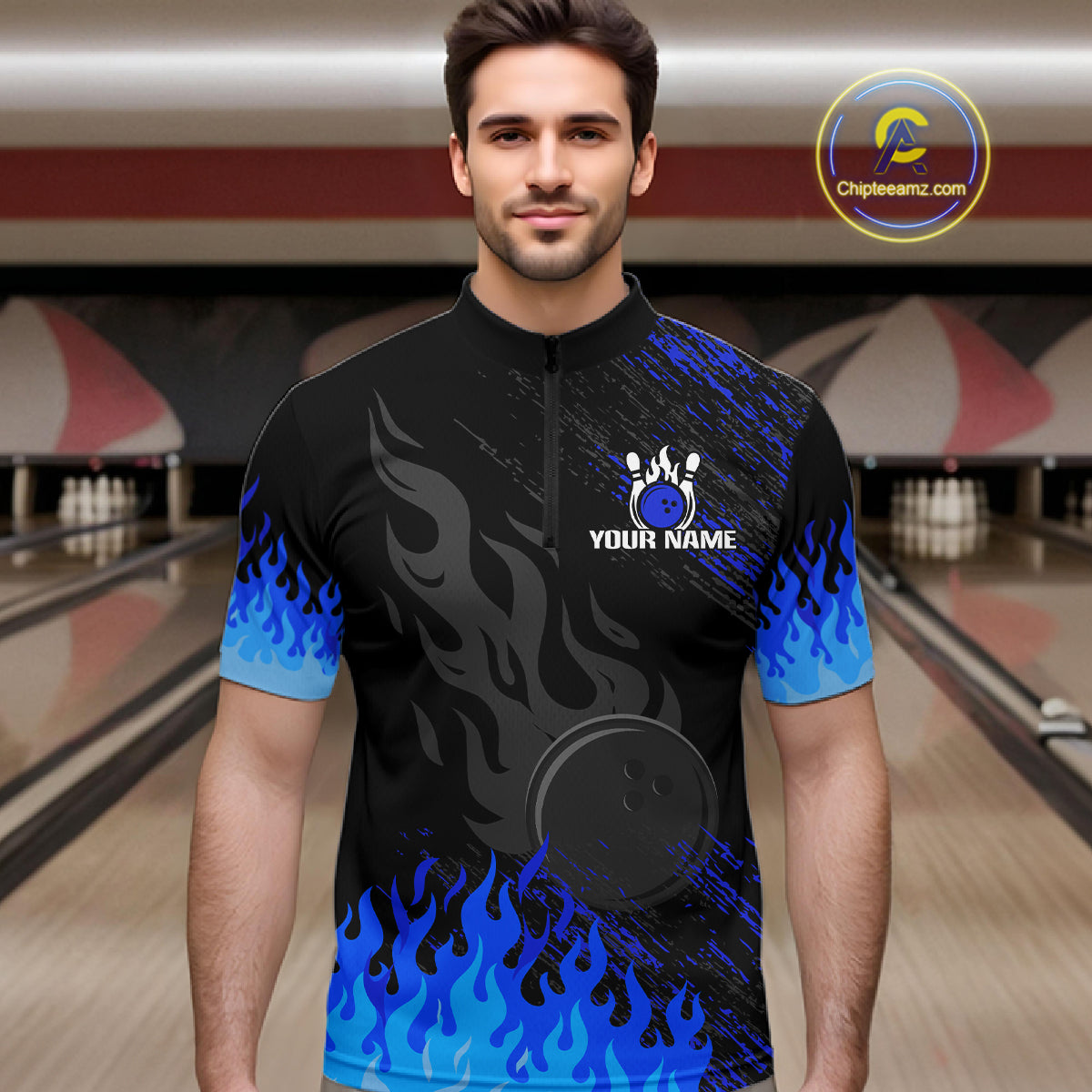 Black And Blue Flame Eagle Bowling Shirts For Men Custom Bowling League Team Jersey Polo & 1/4 Zip TDM8077