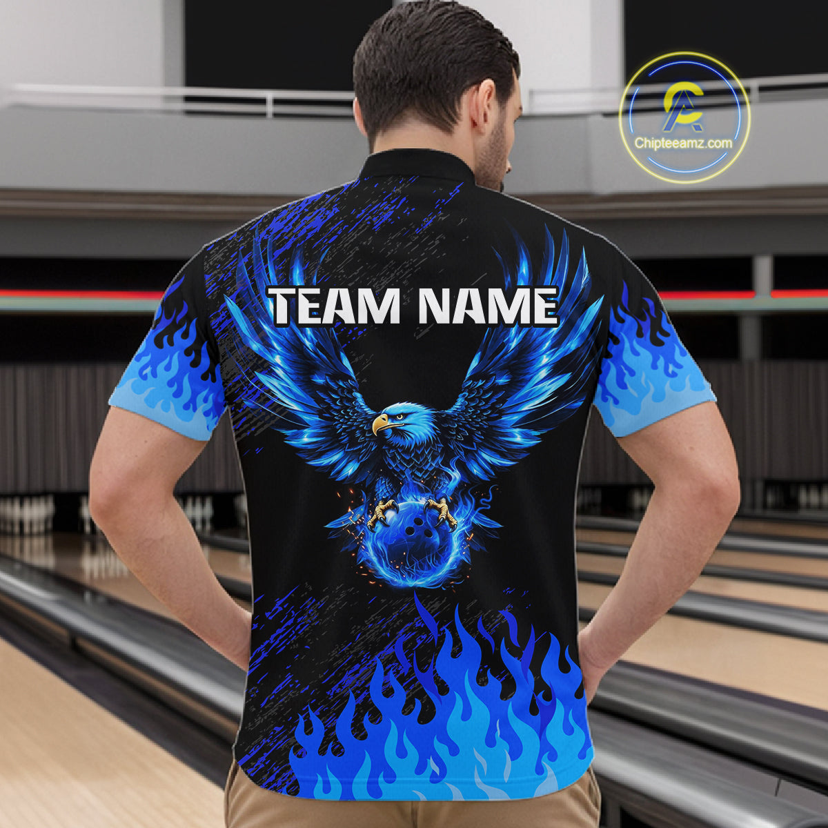Black And Blue Flame Eagle Bowling Shirts For Men Custom Bowling League Team Jersey Polo & 1/4 Zip TDM8077