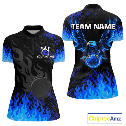 Black And Blue Flame Eagle Bowling Shirts For Women Custom Bowling League Team Jersey Polo & 1/4 Zip TDM8077