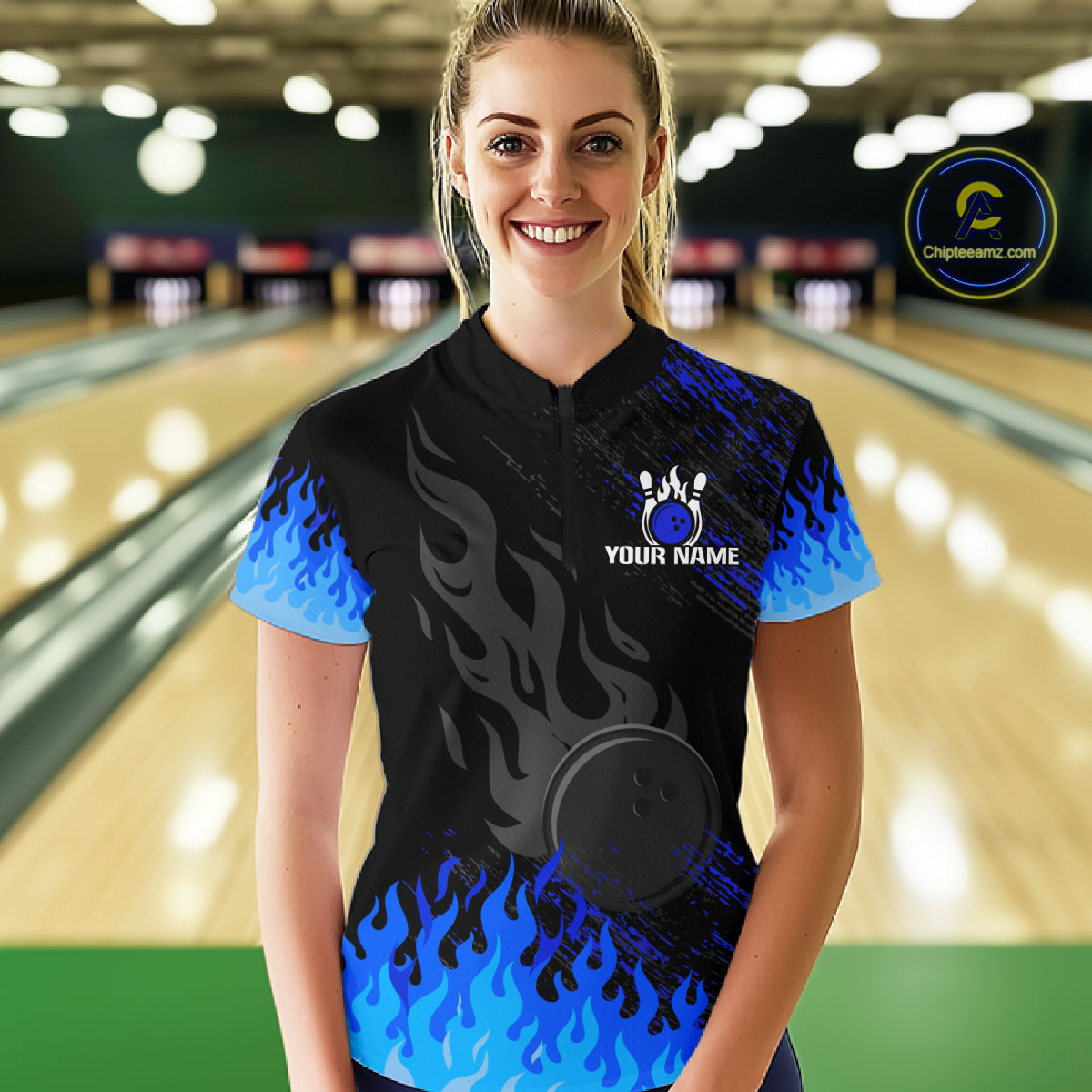 Black And Blue Flame Eagle Bowling Shirts For Women Custom Bowling League Team Jersey Polo & 1/4 Zip TDM8077