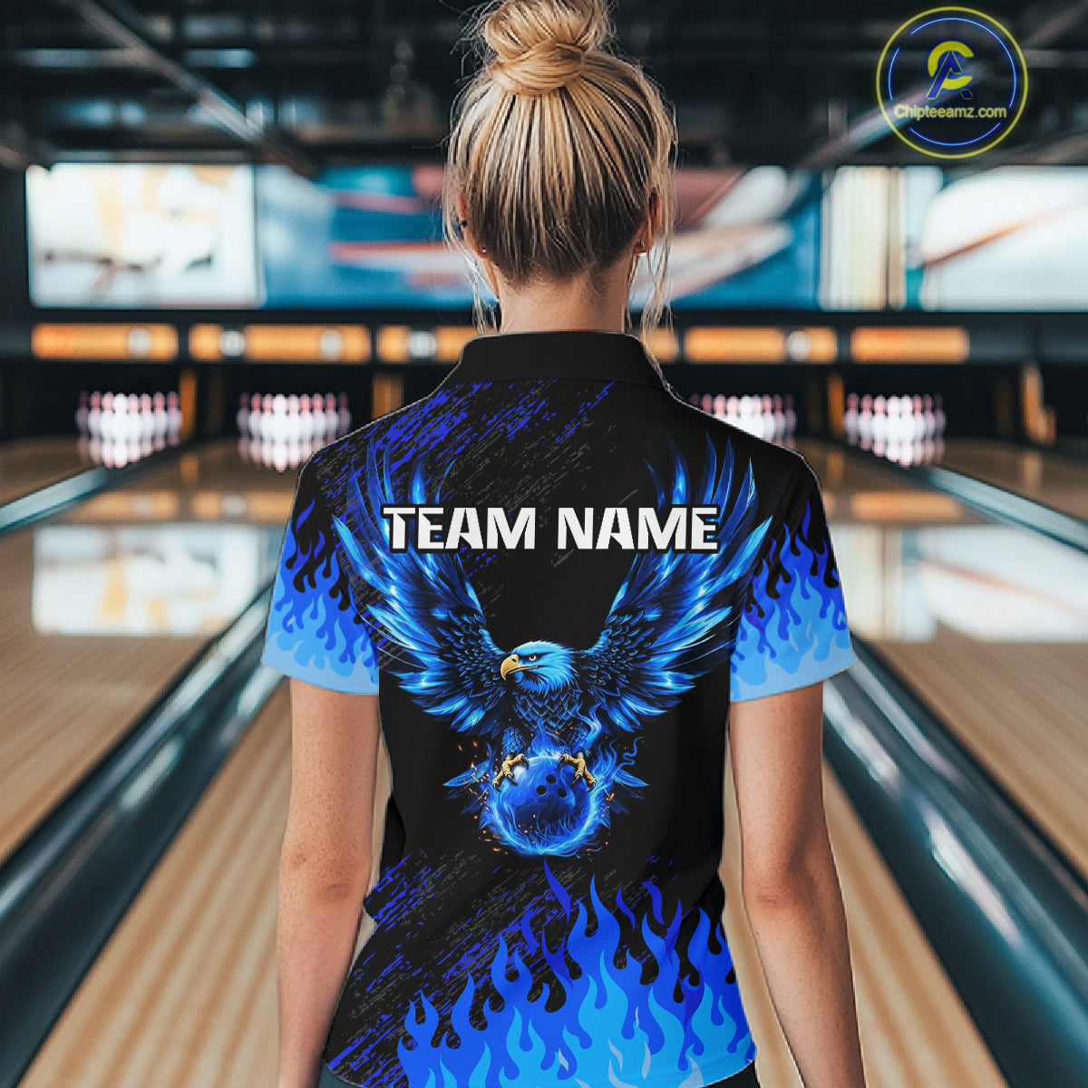 Black And Blue Flame Eagle Bowling Shirts For Women Custom Bowling League Team Jersey Polo & 1/4 Zip TDM8077