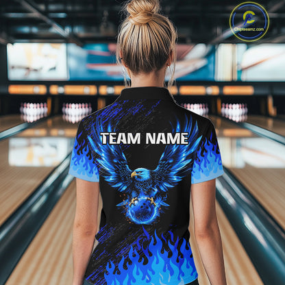 Black And Blue Flame Eagle Bowling Shirts For Women Custom Bowling League Team Jersey Polo & 1/4 Zip TDM8077