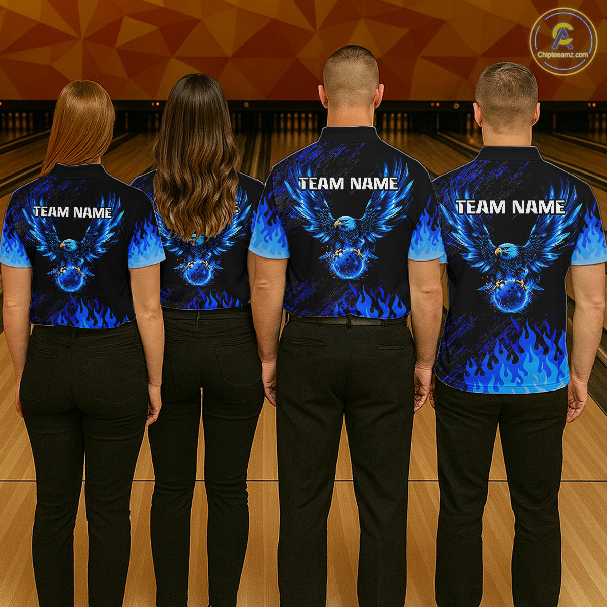Black And Blue Flame Eagle Bowling Shirts For Men Custom Bowling League Team Jersey Polo & 1/4 Zip TDM8077