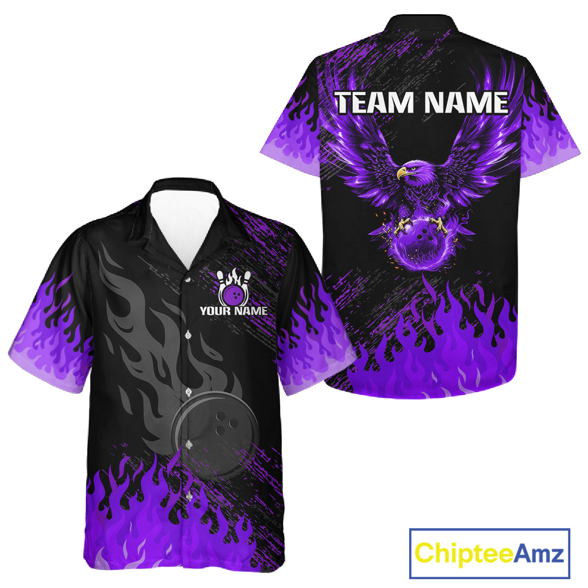 Black And Purple Flame Eagle Bowling Hawaiian Shirt For Men Women Custom Bowling League Team Jersey TDM8078