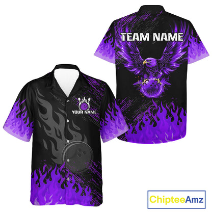 Black And Purple Flame Eagle Bowling Hawaiian Shirt For Men Women Custom Bowling League Team Jersey TDM8078
