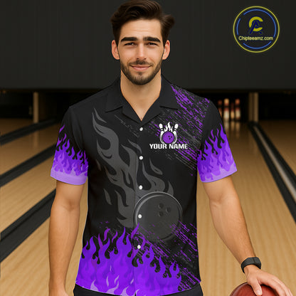Black And Purple Flame Eagle Bowling Hawaiian Shirt For Men Women Custom Bowling League Team Jersey TDM8078