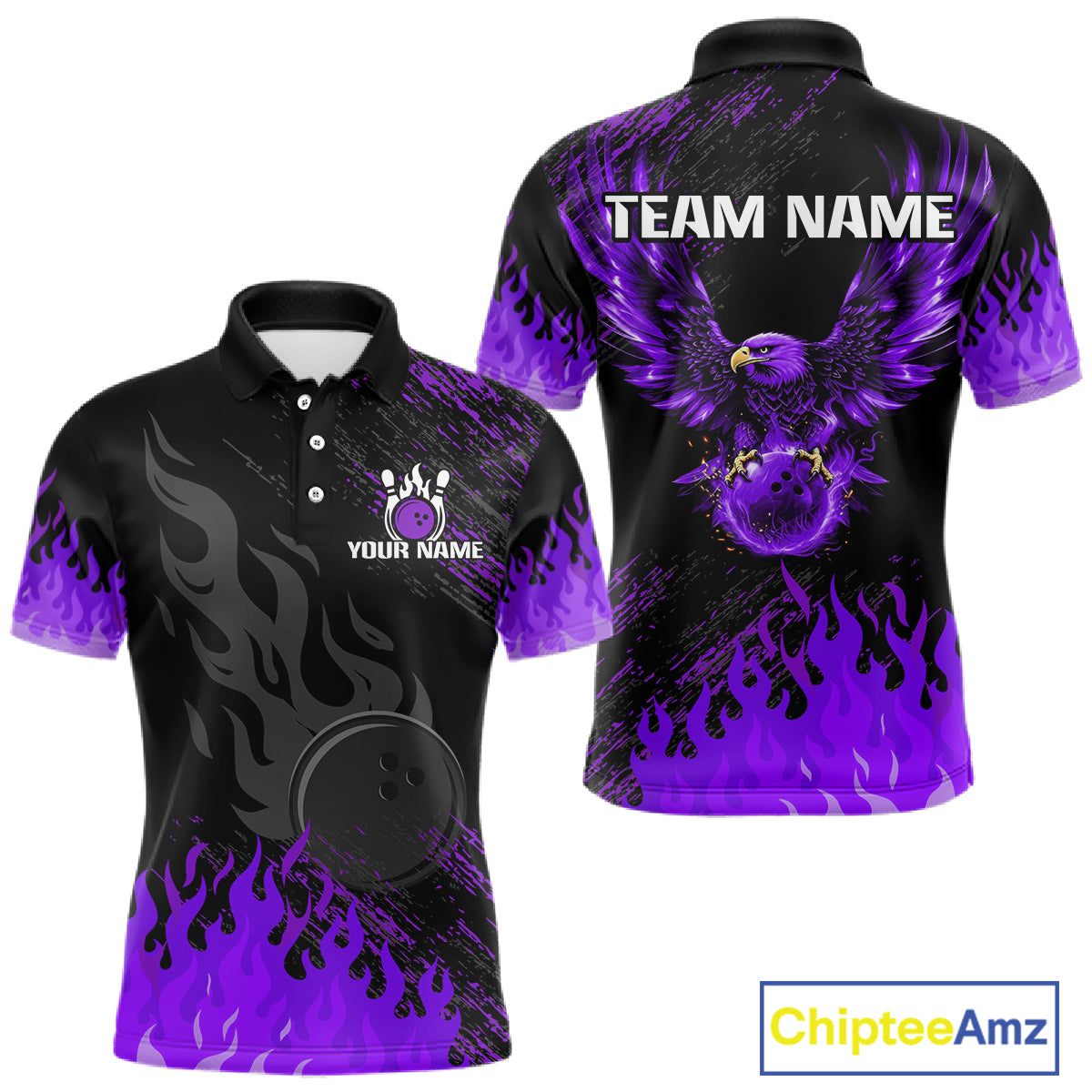 Black And Purple Flame Eagle Bowling Shirt For Men Custom Bowling League Team Jersey Polo, 1/4 Zip TDM8078