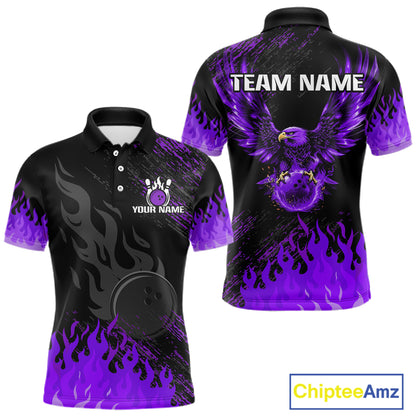 Black And Purple Flame Eagle Bowling Shirt For Men Custom Bowling League Team Jersey Polo, 1/4 Zip TDM8078