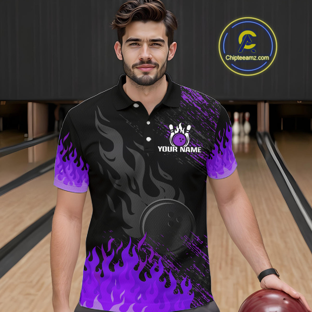 Black And Purple Flame Eagle Bowling Shirt For Men Custom Bowling League Team Jersey Polo, 1/4 Zip TDM8078