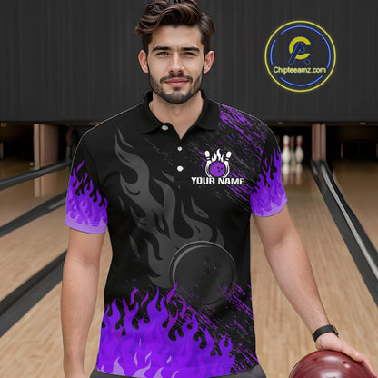 Black And Purple Flame Eagle Bowling Shirt For Men Custom Bowling League Team Jersey Polo, 1/4 Zip TDM8078