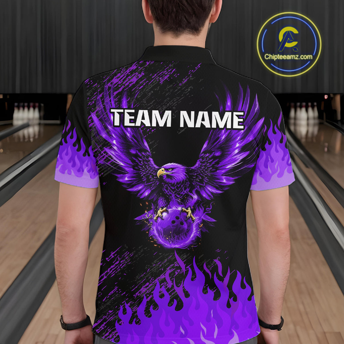Black And Purple Flame Eagle Bowling Shirt For Men Custom Bowling League Team Jersey Polo, 1/4 Zip TDM8078