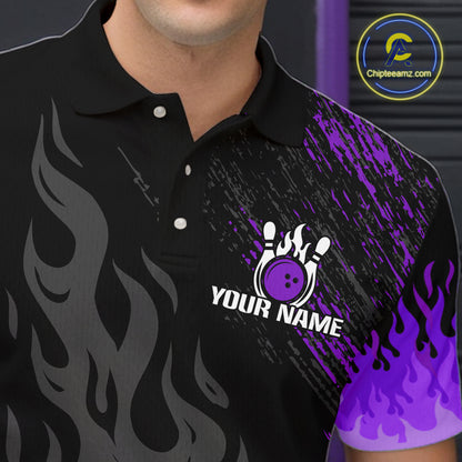Black And Purple Flame Eagle Bowling Shirt For Men Custom Bowling League Team Jersey Polo, 1/4 Zip TDM8078