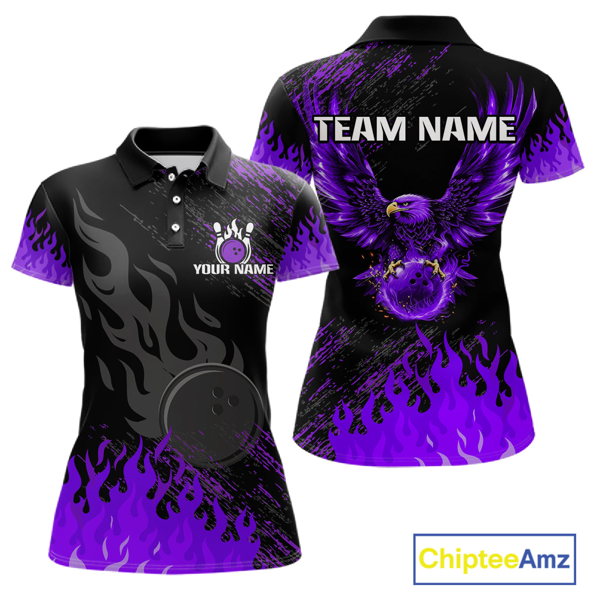 Black And Purple Flame Eagle Bowling Shirt For Women Custom Bowling League Team Jersey Polo, 1/4 Zip TDM8078