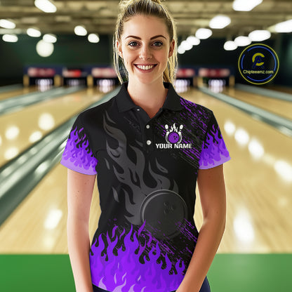 Black And Purple Flame Eagle Bowling Shirt For Women Custom Bowling League Team Jersey Polo, 1/4 Zip TDM8078