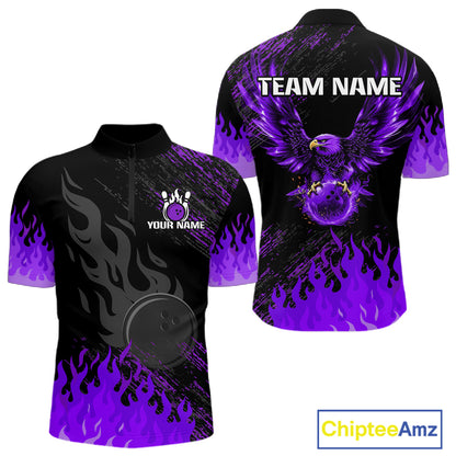 Black And Purple Flame Eagle Bowling Shirt For Men Custom Bowling League Team Jersey Polo, 1/4 Zip TDM8078
