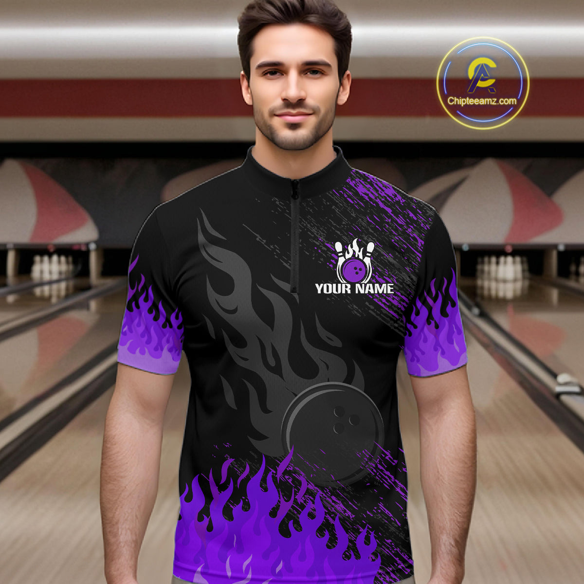 Black And Purple Flame Eagle Bowling Shirt For Men Custom Bowling League Team Jersey Polo, 1/4 Zip TDM8078