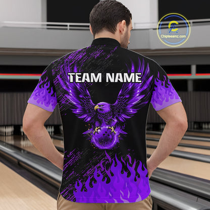 Black And Purple Flame Eagle Bowling Shirt For Men Custom Bowling League Team Jersey Polo, 1/4 Zip TDM8078