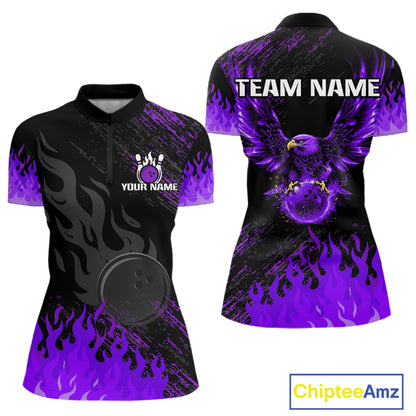 Black And Purple Flame Eagle Bowling Shirt For Women Custom Bowling League Team Jersey Polo, 1/4 Zip TDM8078
