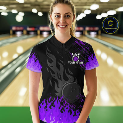 Black And Purple Flame Eagle Bowling Shirt For Women Custom Bowling League Team Jersey Polo, 1/4 Zip TDM8078