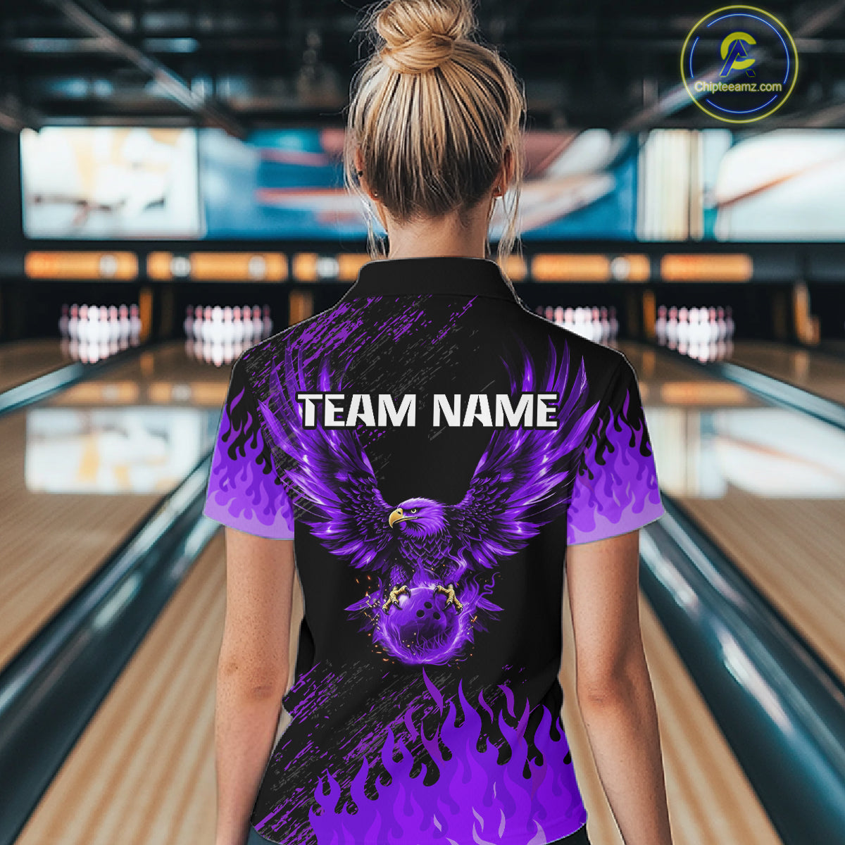Black And Purple Flame Eagle Bowling Shirt For Women Custom Bowling League Team Jersey Polo, 1/4 Zip TDM8078