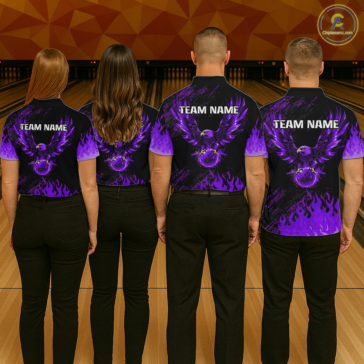 Black And Purple Flame Eagle Bowling Shirt For Men Custom Bowling League Team Jersey Polo, 1/4 Zip TDM8078