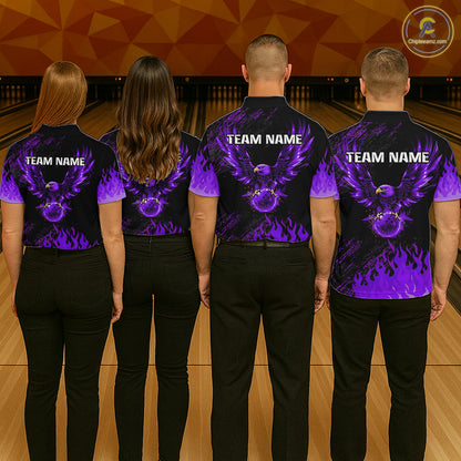 Black And Purple Flame Eagle Bowling Shirt For Men Custom Bowling League Team Jersey Polo, 1/4 Zip TDM8078