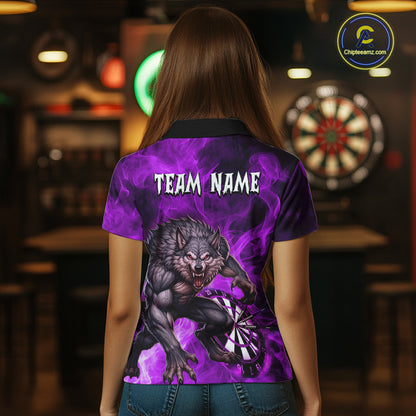 Purple Flaming Wolf Darts Shirt For Women Custom Darts League Jersey Team Polo & Quarter Zip TDM5358